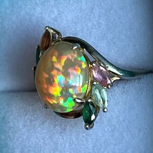 Natural Opal and tourmalines ring size 8.5 in sterling silver 925